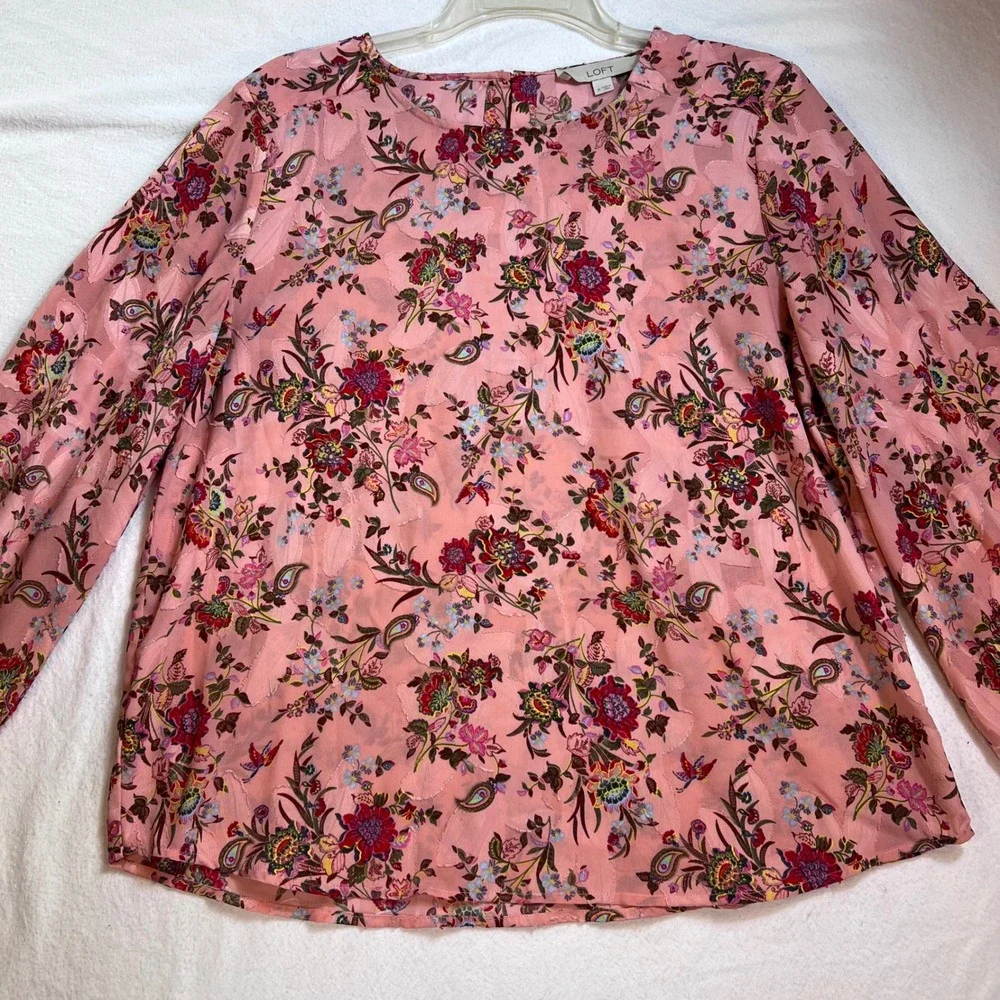 Loft Pink Floral Paisley Jacquard Long Sleeve Blouse Top Size Medium